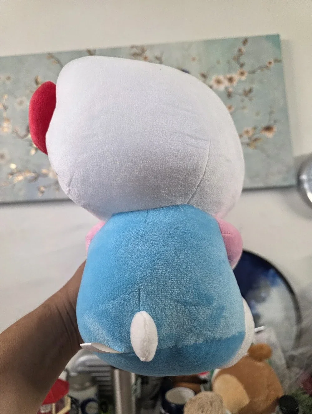 Hello Kitty White Plush with Red Bow, Pink Flower & Blue Outfit